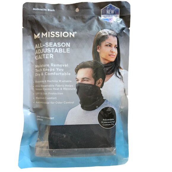 Mission All-Season Adjustable Neck Gaiter Moisture-Wicking Sun Protection Black - Picture 1 of 6